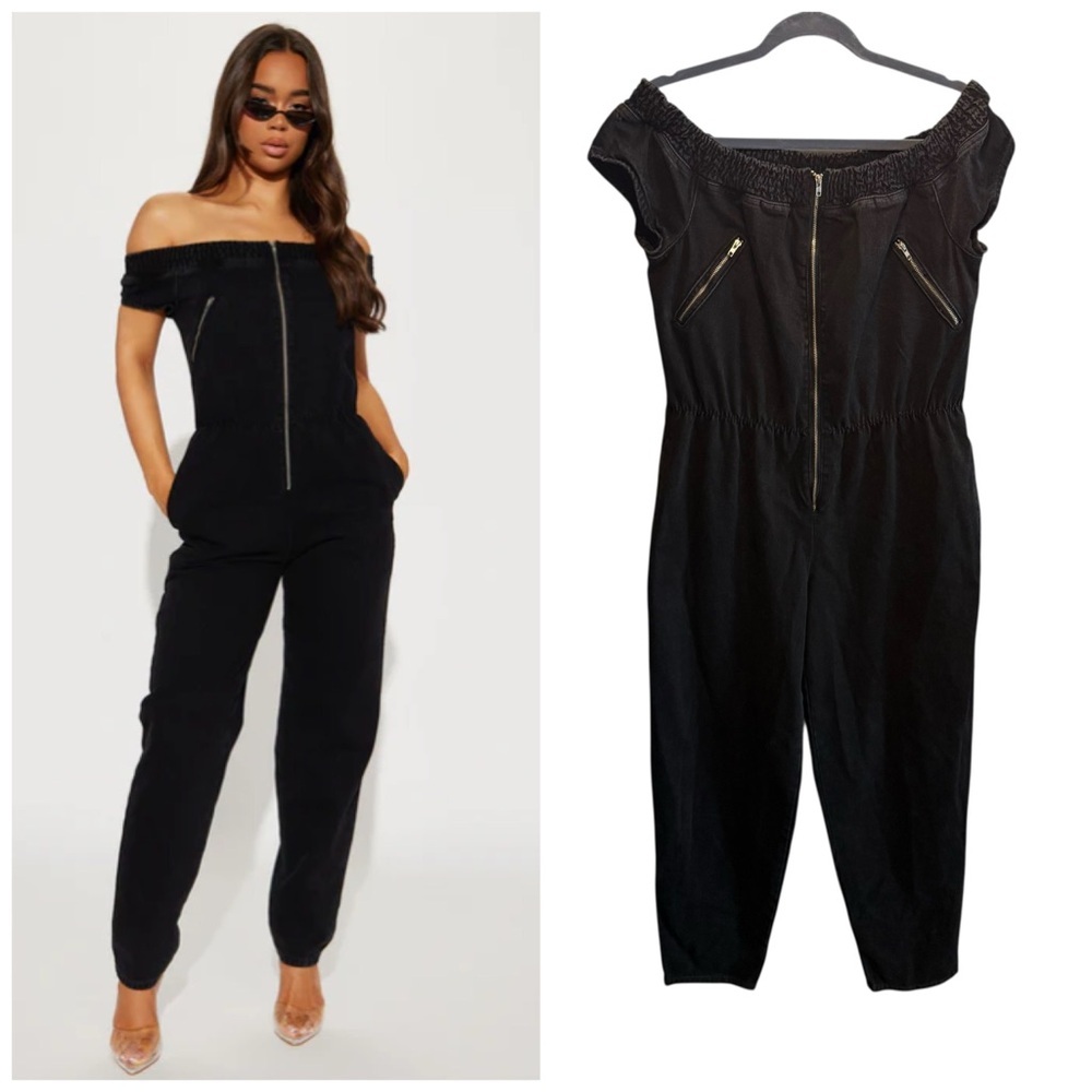 Fashion Nova Maya Denim Jumpsuit Jean Black Size Large NWT Off Shoulder MOTO
